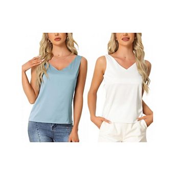 2 pc Women's Satin Tank Tops Silky Casual Basic V Neck Sleeveless Camisole