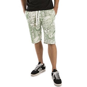 Men's Fleece Fashion Shorts Dollar Bill Printed Elastic Waist 13" Inseam