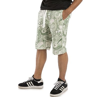 Men's Fleece Fashion Shorts Dollar Bill Printed Elastic Waist 13" Inseam
