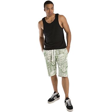 Men's Fleece Fashion Shorts Dollar Bill Printed Elastic Waist 13" Inseam