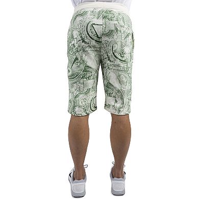 Men's Fleece Fashion Shorts Dollar Bill Printed Elastic Waist 13" Inseam