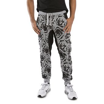 Vibes Men's Fleece Jogger Pants Black Rose Printed Contrast Drop Crotch Rib Cuff