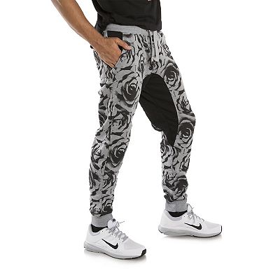 Vibes Men's Fleece Jogger Pants Black Rose Printed Contrast Drop Crotch Rib Cuff