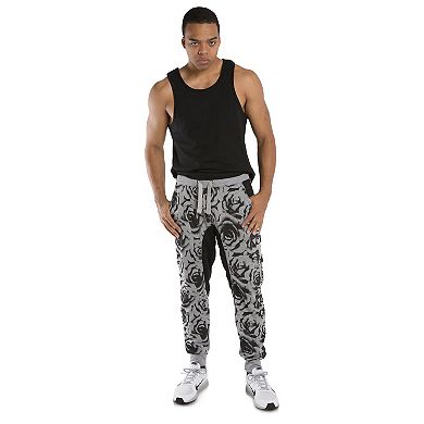 Vibes Men's Fleece Jogger Pants Black Rose Printed Contrast Drop Crotch Rib Cuff