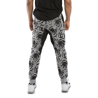 Vibes Men's Fleece Jogger Pants Black Rose Printed Contrast Drop Crotch Rib Cuff