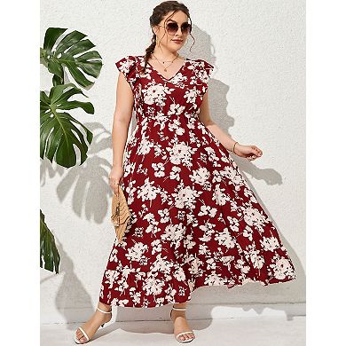 Women's Plus Size Summer Dress with Pocket Ruffle Cap Sleeveless V Neck Side Split Beach Maxi Dress