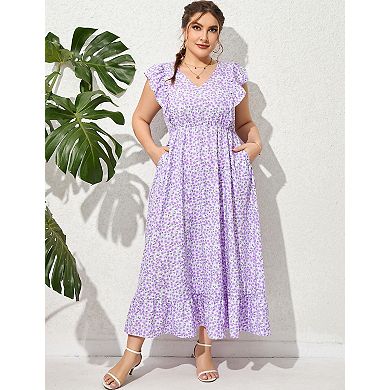 Women's Plus Size Summer Dress with Pocket Ruffle Cap Sleeveless V Neck Side Split Beach Maxi Dress