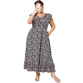Women's Plus Size Summer Dress with Pocket Ruffle Cap Sleeveless V Neck Side Split Beach Maxi Dress
