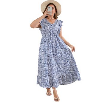 Women's Plus Size Summer Dress with Pocket Ruffle Cap Sleeveless V Neck Side Split Beach Maxi Dress