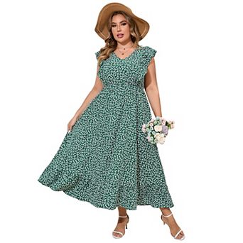 Women's Plus Size Summer Dress with Pocket Ruffle Cap Sleeveless V Neck Side Split Beach Maxi Dress