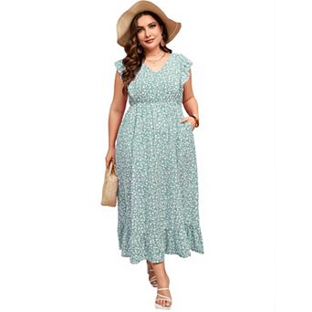 Women's Plus Size Summer Dress with Pocket Ruffle Cap Sleeveless V Neck Side Split Beach Maxi Dress