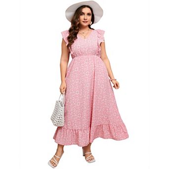 Women's Plus Size Summer Dress with Pocket Ruffle Cap Sleeveless V Neck Side Split Beach Maxi Dress