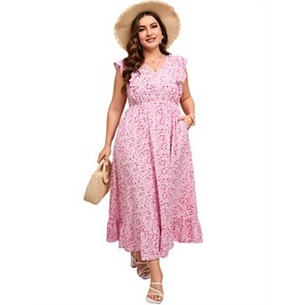 Women's Plus Size Summer Dress with Pocket Ruffle Cap Sleeveless V Neck Side Split Beach Maxi Dress