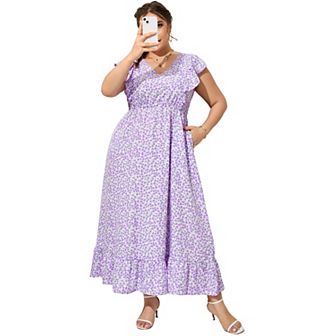 Women's Plus Size Summer Dress with Pocket Ruffle Cap Sleeveless V Neck Side Split Beach Maxi Dress