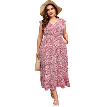 Women's Plus Size Summer Dress with Pocket Ruffle Cap Sleeveless V Neck Side Split Beach Maxi Dress