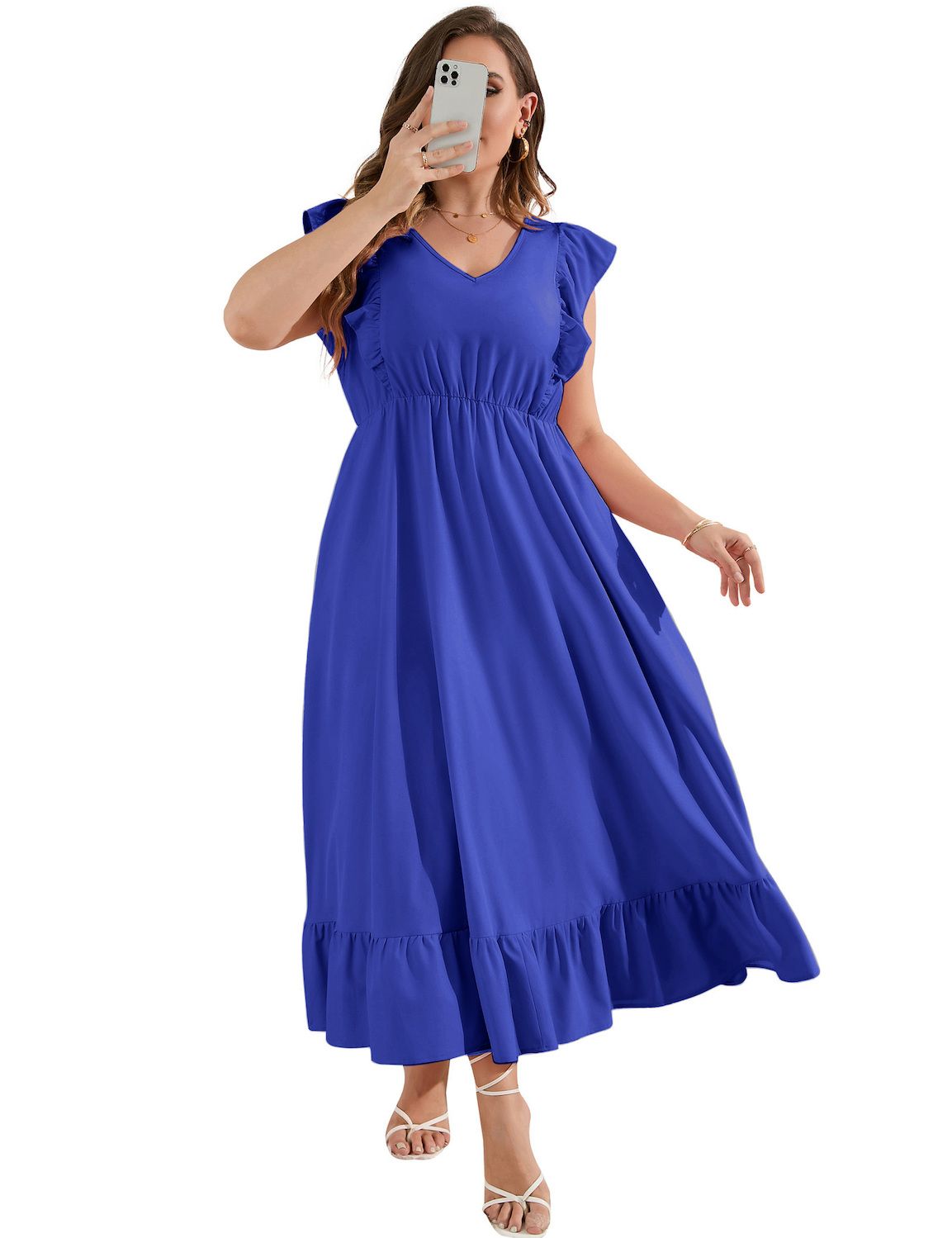 Женские кепки Plus Size Summer Dress with Pocket Ruffle Sleeveless V Neck Side Split Beach Maxi Dress