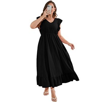 Women's Plus Size Summer Dress with Pocket Ruffle Cap Sleeveless V Neck Side Split Beach Maxi Dress
