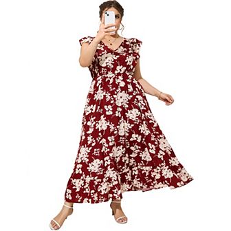 Women's Plus Size Summer Dress with Pocket Ruffle Cap Sleeveless V Neck Side Split Beach Maxi Dress