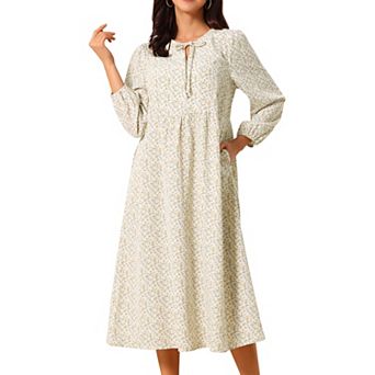 Women's Boho Dresses V Neck Long Sleeve Flowy Swing Casual Floral Midi Dress with Pockets