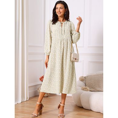 Women's Boho Dresses V Neck Long Sleeve Flowy Swing Casual Floral Midi Dress with Pockets