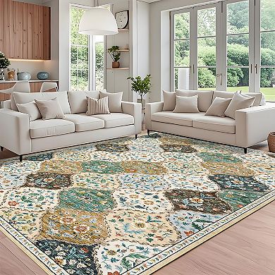 Garvee Floral Area Rug Ultra Thin Washable & Pet-Friendly Carpet for Living Room Bedroom Kitchen