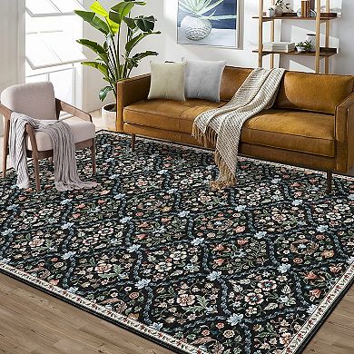 Garvee Floral Area Rug Ultra Thin Washable & Pet-Friendly Carpet for Living Room Bedroom Kitchen