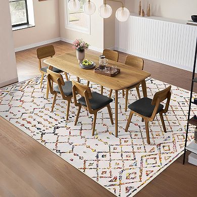 Garvee Boho Line Grid Machine Washable Area Rug Low Pile Non Slip Stain Resistant for Bedroom
