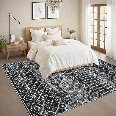 Garvee Boho Line Grid Machine Washable Area Rug Low Pile Non Slip Stain Resistant for Bedroom