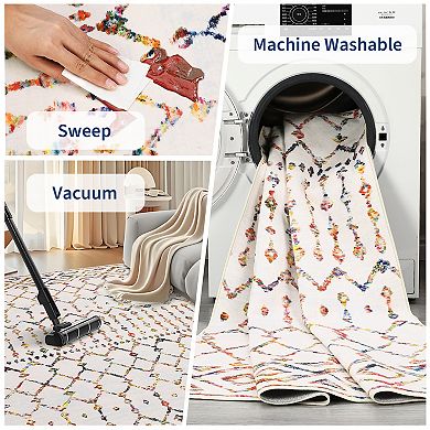 Garvee Boho Line Grid Machine Washable Area Rug Low Pile Non Slip Stain Resistant for Bedroom