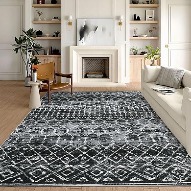 Garvee Boho Line Grid Machine Washable Area Rug Low Pile Non Slip Stain Resistant for Bedroom