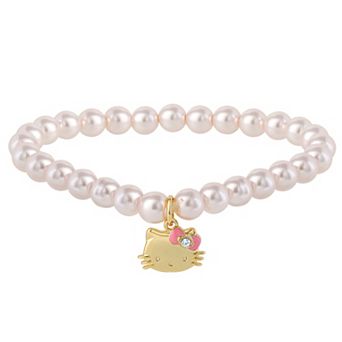 Sanrio Hello Kitty 18k Gold Plated Faux Pearl & Crystals Stretch Bracelet