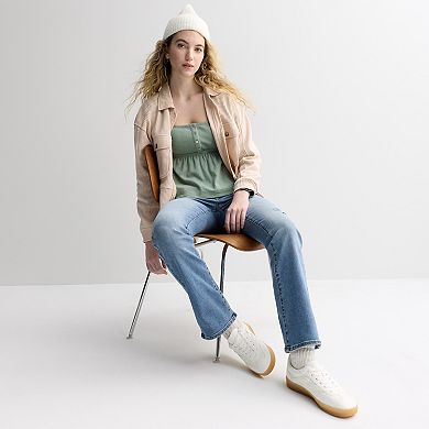 Juniors' Rewind Long Sleeve Pointelle Square Neck Babydoll Top