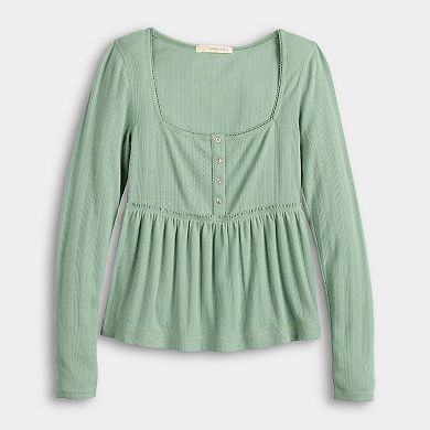 Juniors' Rewind Long Sleeve Pointelle Square Neck Babydoll Top