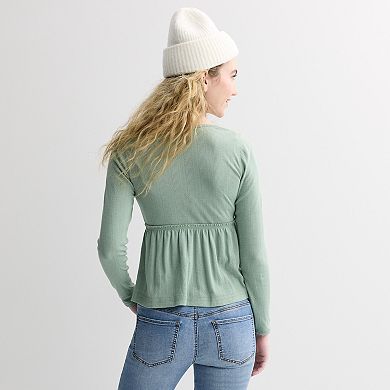 Juniors' Rewind Long Sleeve Pointelle Square Neck Babydoll Top