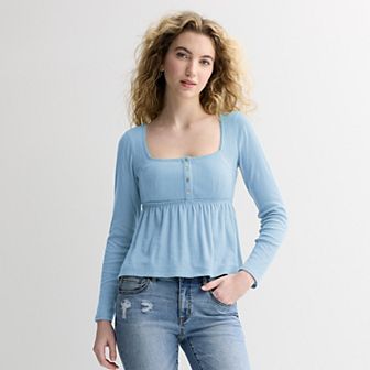 Juniors' Rewind Long Sleeve Pointelle Square Neck Babydoll Top