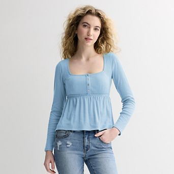 Juniors' Rewind Long Sleeve Pointelle Square Neck Babydoll Top
