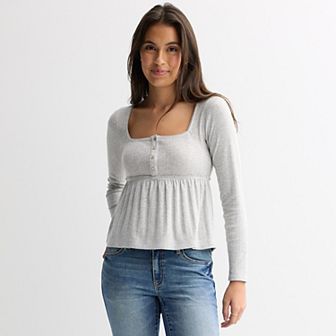 Juniors' Rewind Long Sleeve Pointelle Square Neck Babydoll Top