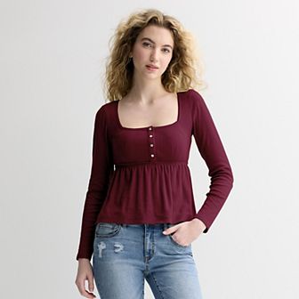 Juniors' Rewind Long Sleeve Pointelle Square Neck Babydoll Top