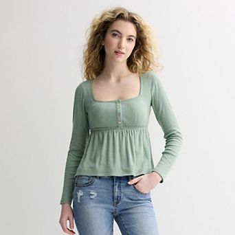 Juniors' Rewind Long Sleeve Pointelle Square Neck Babydoll Top