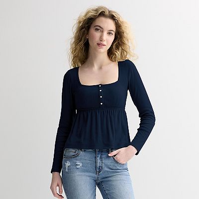 Juniors' Rewind Long Sleeve Pointelle Square Neck Babydoll Top