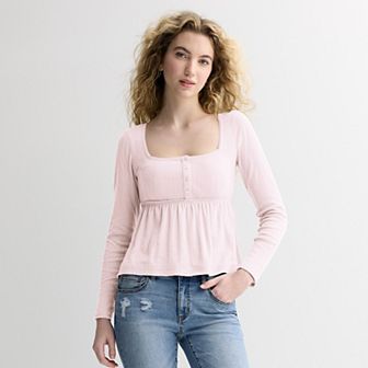 Juniors' Rewind Long Sleeve Pointelle Square Neck Babydoll Top