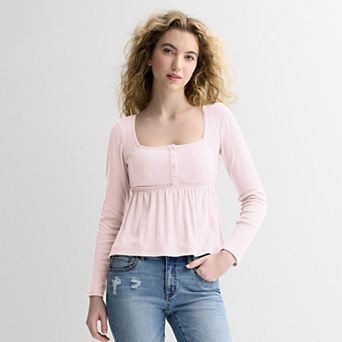 Juniors' Rewind Long Sleeve Pointelle Square Neck Babydoll Top