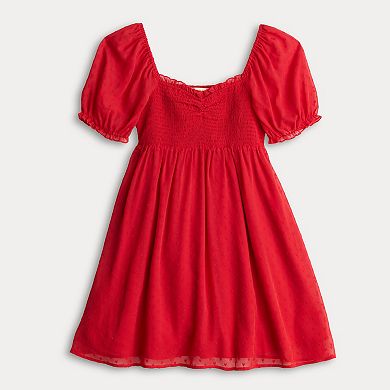 Juniors' Rewind Puff Sleeve Smocked Skater Dress
