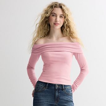 Juniors' SO® Long Sleeve Rib Off-The-Shoulder Top