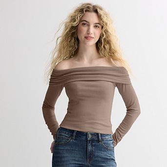 Juniors' SO® Long Sleeve Rib Off-The-Shoulder Top
