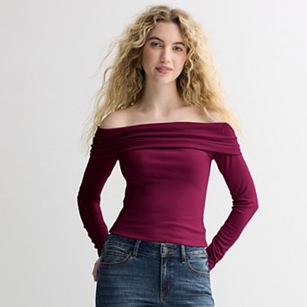 Juniors' SO® Long Sleeve Rib Off-The-Shoulder Top