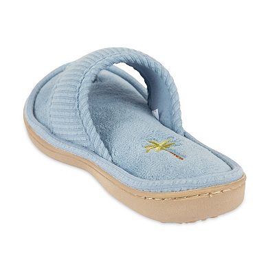 isotoner Women's Embroidered Seersucker Flip Flop Slippers with Memory Foam Comfort