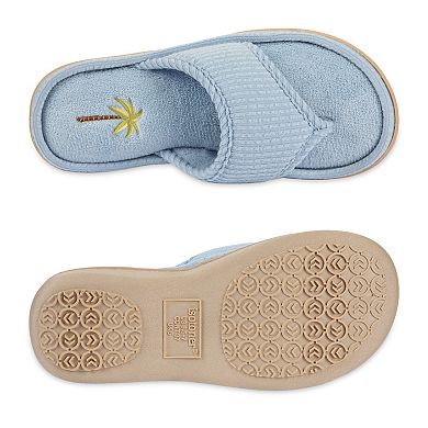 isotoner Women's Embroidered Seersucker Flip Flop Slippers with Memory Foam Comfort