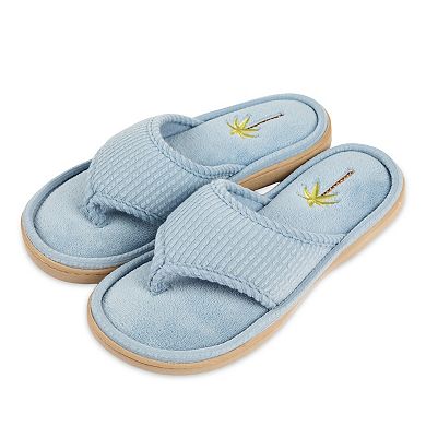 isotoner Women's Embroidered Seersucker Flip Flop Slippers with Memory Foam Comfort