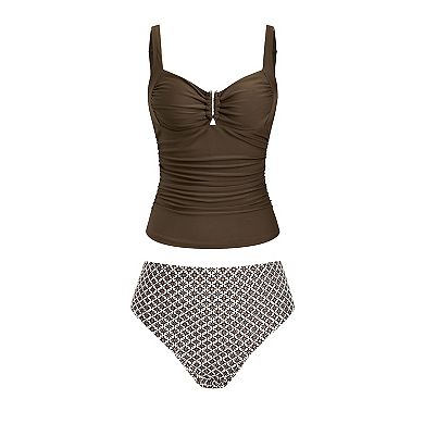 Women's Cupshe U Wire Ruched High Waist Tankini Swim Top & Swim Bottoms Set
